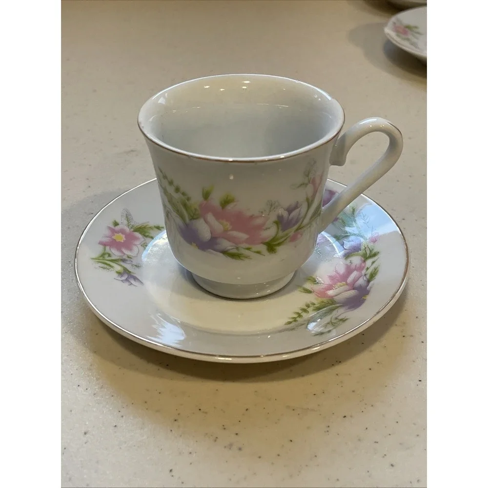 Vntg Coffee Espresso Set 6 Cups & Saucers Floral Garden Lady Grace Luceno Canada